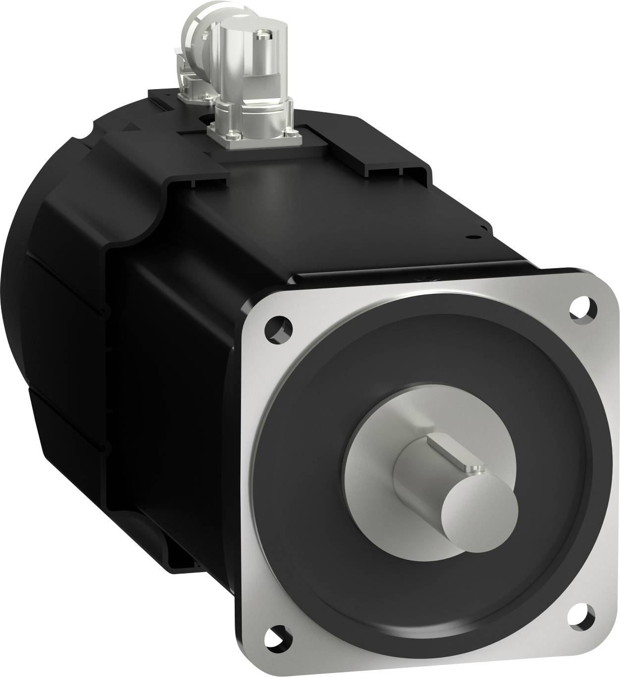 Schwarzer Industrieelektromotor mit silberner quadratischer Stirnflansch und hervorstehendem Schaft, dargestellt auf weißem Hintergrund