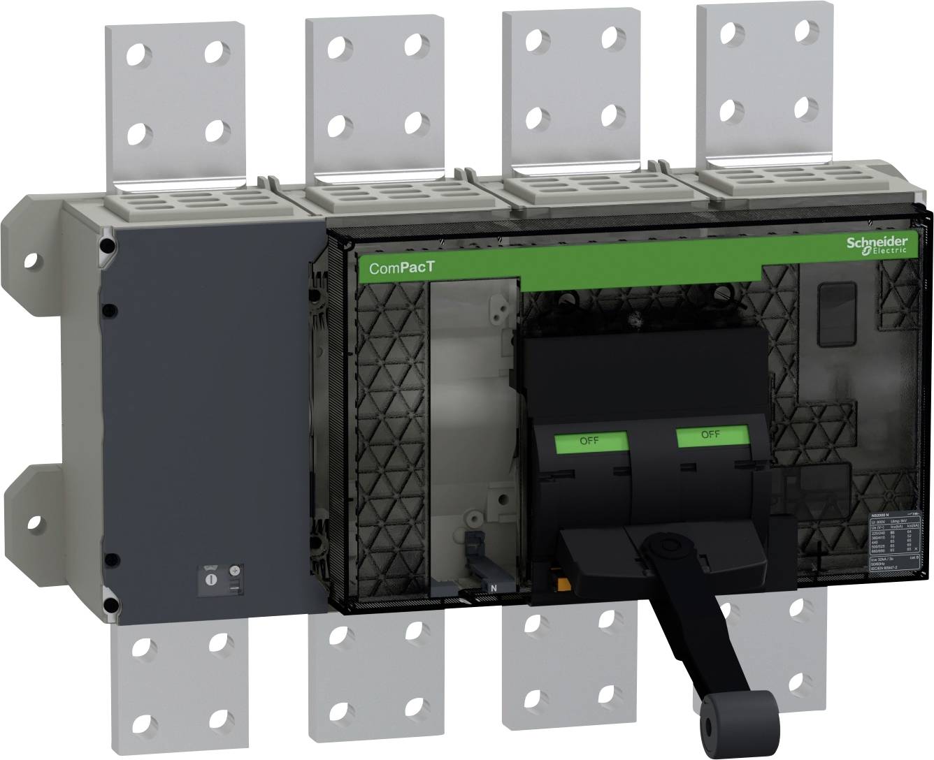 Schneider Electric ComPacT Leistungsschalter mit offenem Frontdeckel, zeigt inneren Schaltermechanismus und auf Metallschienen montiert.