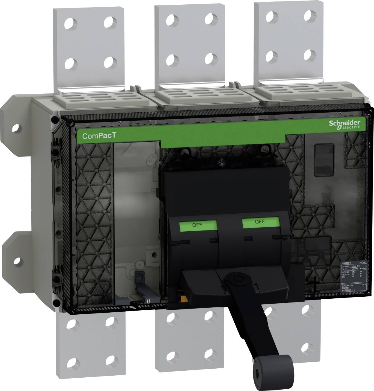 Schneider Electric ComPacT-Leitungsschutzschalter mit schwarzem Hebelgriff und metallischen Befestigungswinkeln auf weißem Hintergrund.
