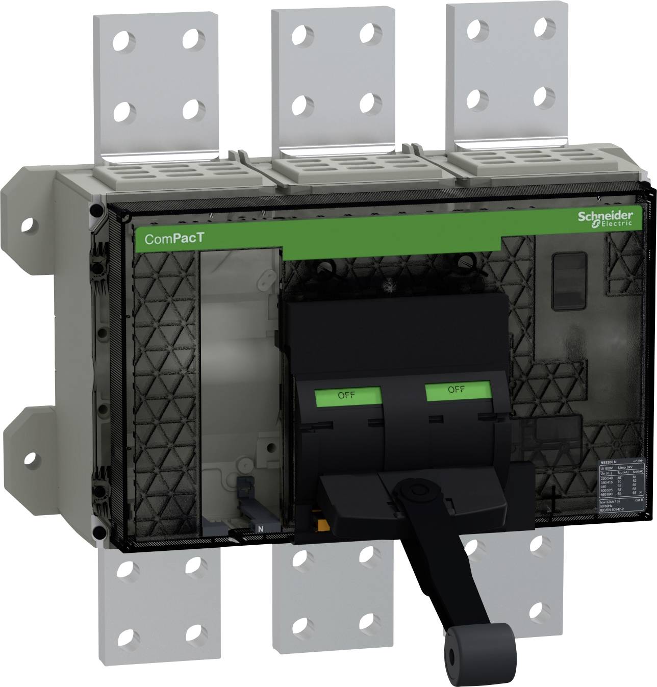 Schneider Electric ComPacT Leitungsschutzschalter mit schwarzem Kippschalter und drei Metall-Montagebügeln.