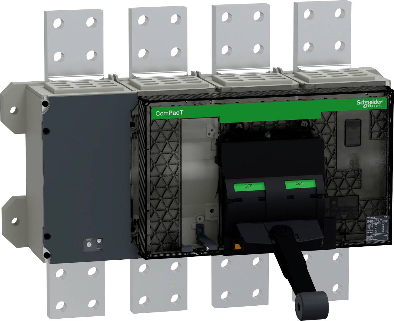 Offene elektrische Schaltanlage mit grünem „ComPacT