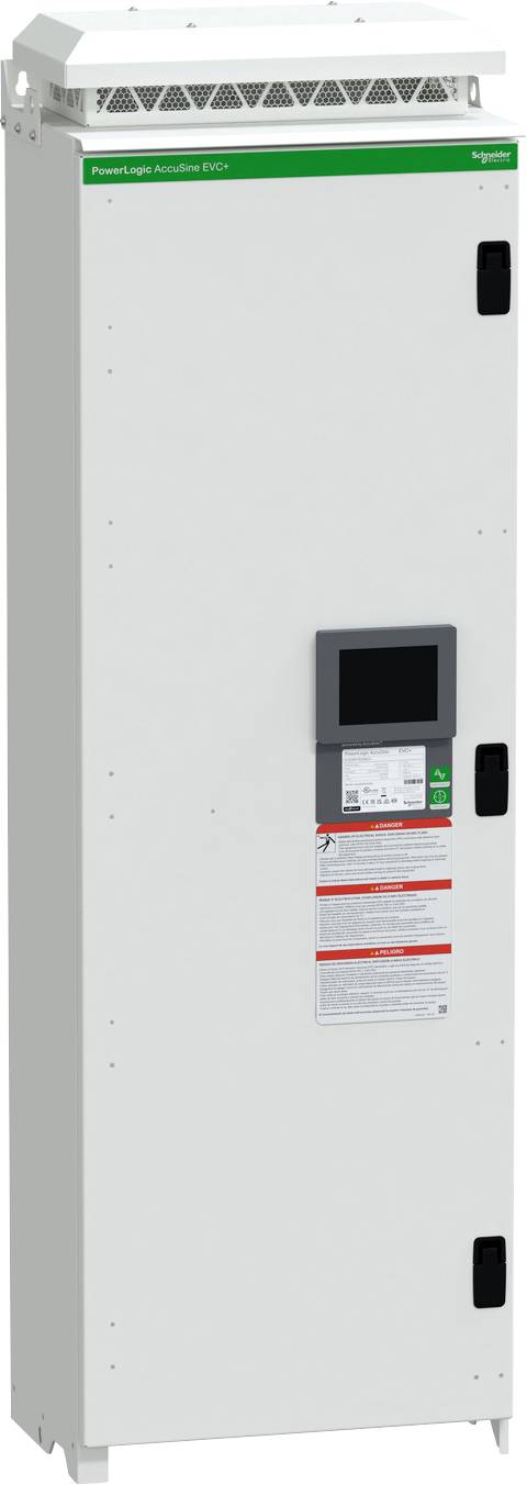 Großer weißer elektrischer Schaltschrank mit Belüftungsgittern und einem montierten digitalen Bedienfeld an der Vorderseite.