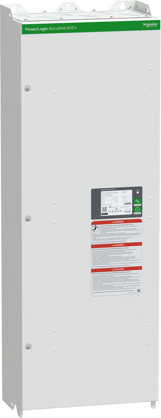 Hoher weißer Schneider Electric PowerLogic AccuSine EVC-Schrank mit Frontdisplay und Warnkennzeichnungen, in einer Studioansicht dargestellt.