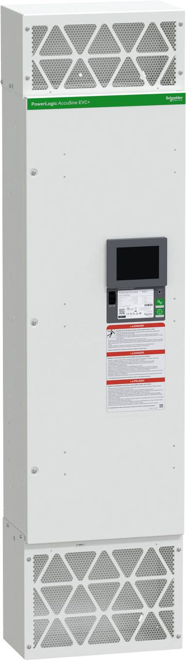 Hoher weißer Schaltschrank von Schneider Electric mit perforierten Lüftungsöffnungen, einem kleinen Display-/Bedienbildschirm und Warnetiketten auf der Vorderseite.