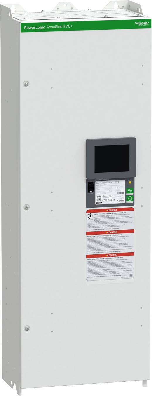 Ein weißer Schneider Electric Power Logic AccuSine VVC+ Schrank mit frontseitigem Touchscreen-Display und Warnetiketten.