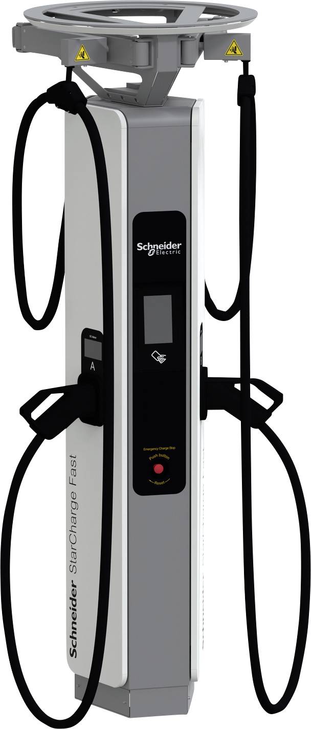 Schneider Electric Ladestation für Elektrofahrzeuge mit zwei hängenden Ladekabeln und einem zentralen Status-/Bedienfeld.