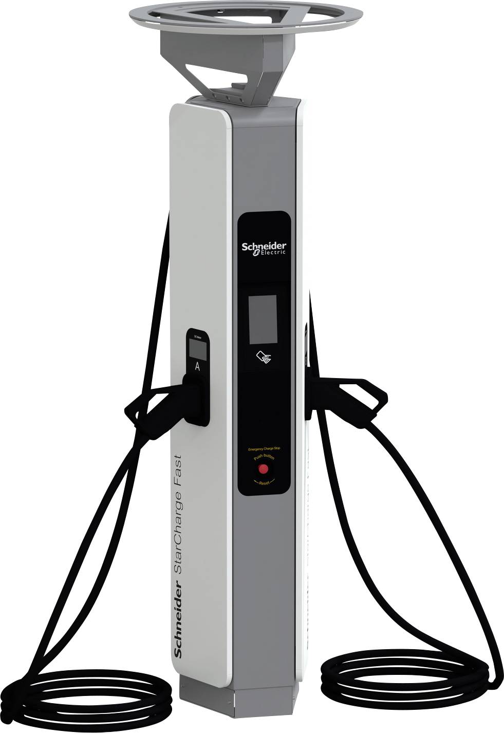 Tragbare Schneider Electric EV-Ladestation mit zwei angebrachten Ladekabeln und Steckern