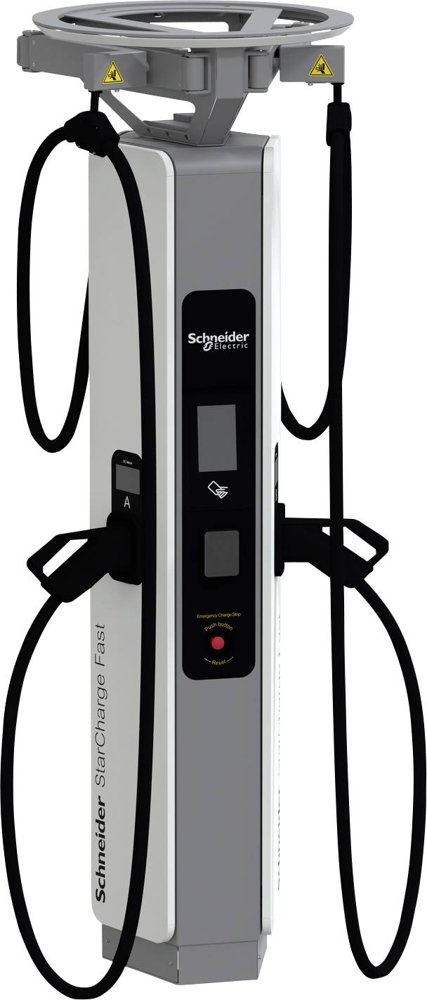 Schneider Electric Elektrofahrzeug-Ladestation mit zwei hängenden Ladekabeln und Steckverbinder-Haltern auf einem hohen grauen Ständer.