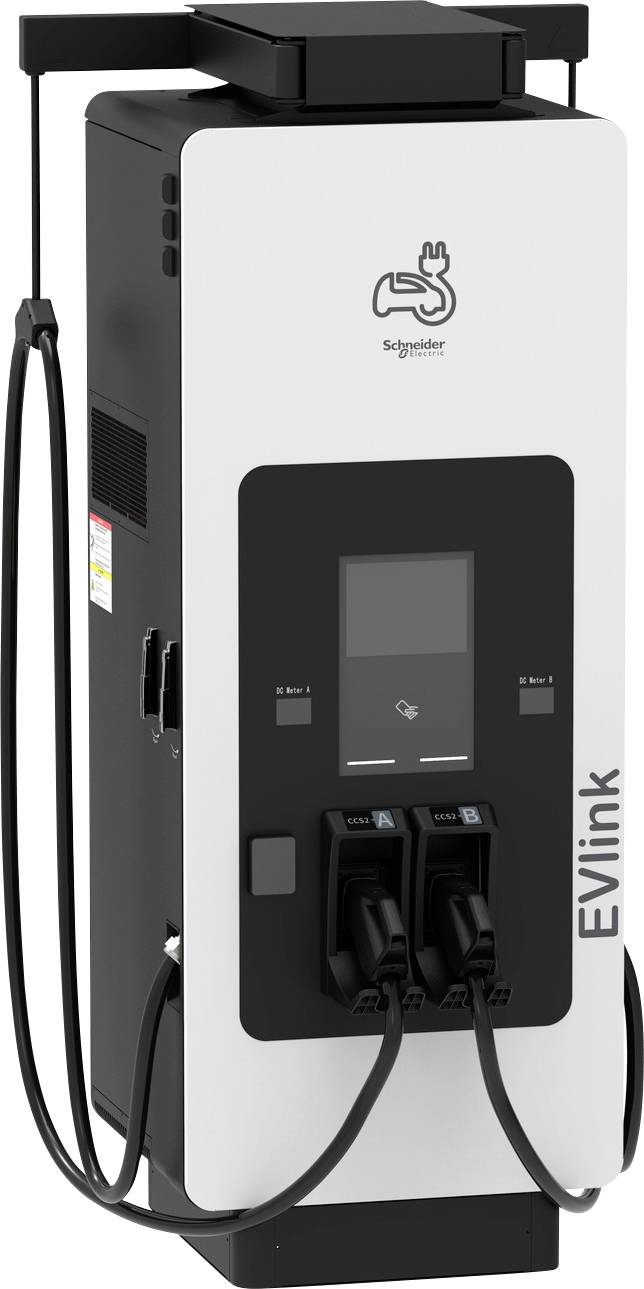 Schneider EVlink Ladestation für Elektrofahrzeuge mit zwei Ladesteckern und angeschlossenen Kabeln.