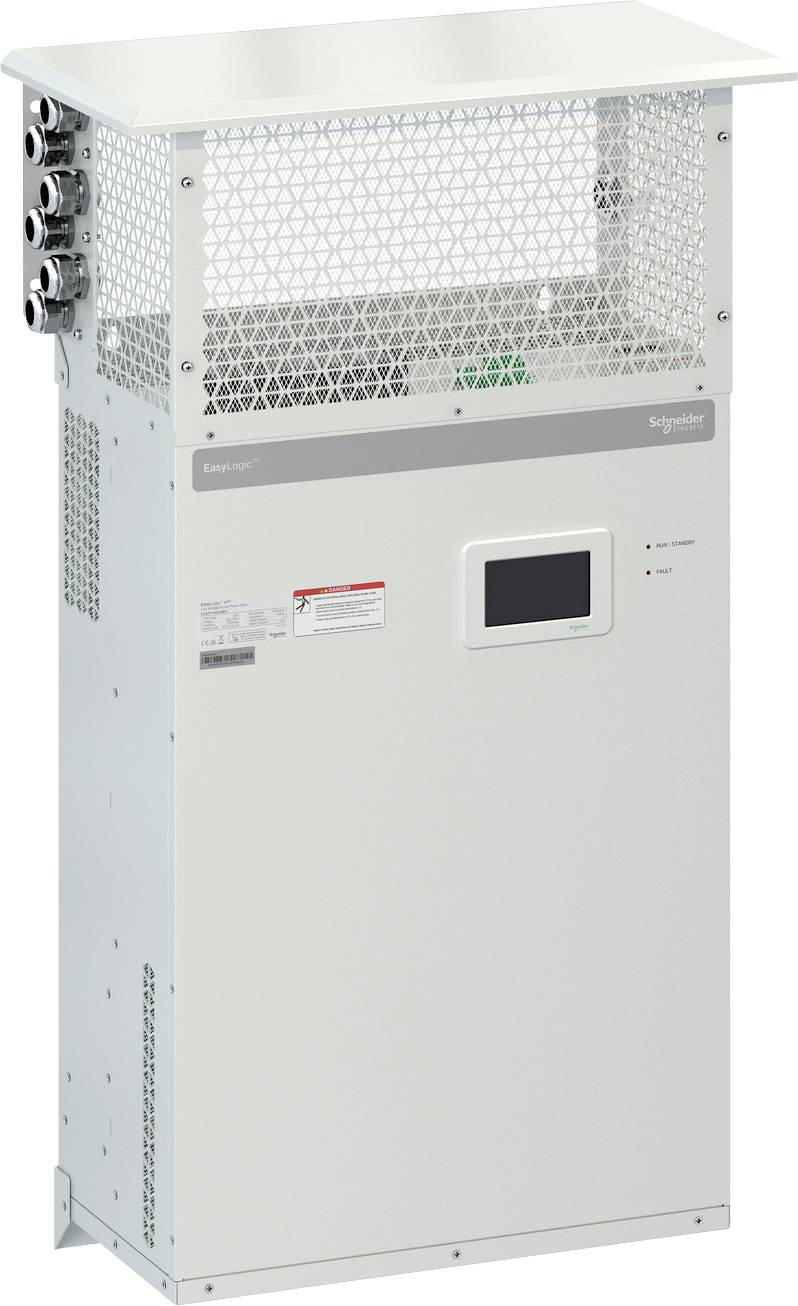 Weißes Schneider Electric Industrie-Elektroverteilerschrank mit Belüftungsgitter, Seitenverbindern und kleinem frontseitigen Display.