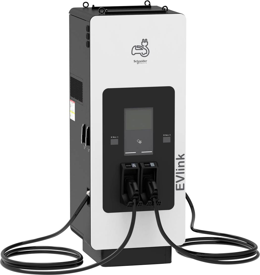 Schneider Electric EVlink Ladestation mit zwei angeschlossenen EV-Ladekabeln und Steckern, gezeigt vor weißem Hintergrund.