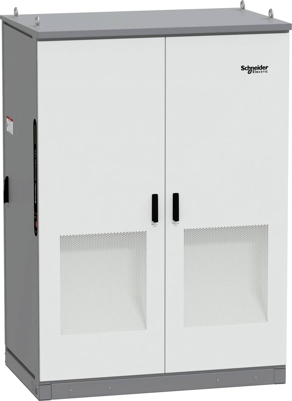 Weißer Schaltschrank von Schneider Electric mit doppelten Frontflügeltüren, Lüftungspanelen und seitlichem Zugriffsgriff.