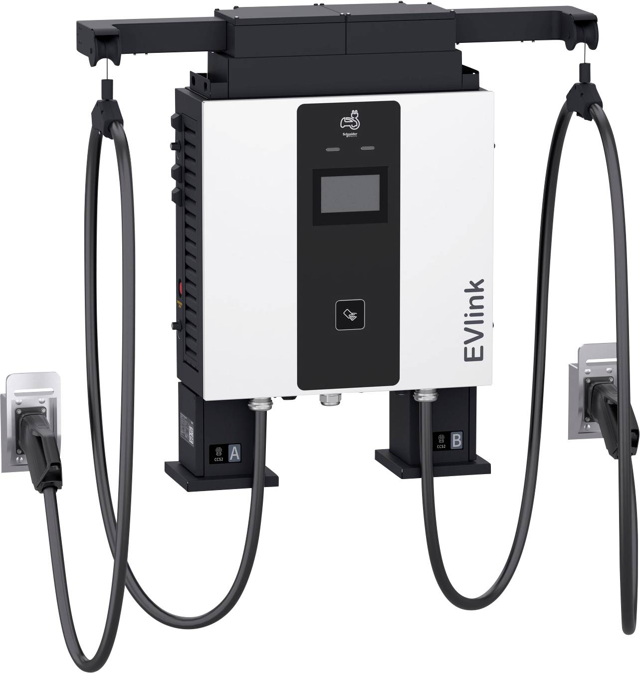 An der Wand montierte EVlink-Ladeeinheit für Elektrofahrzeuge mit zwei angeschlossenen Ladekabeln und Steckern auf beiden Seiten.