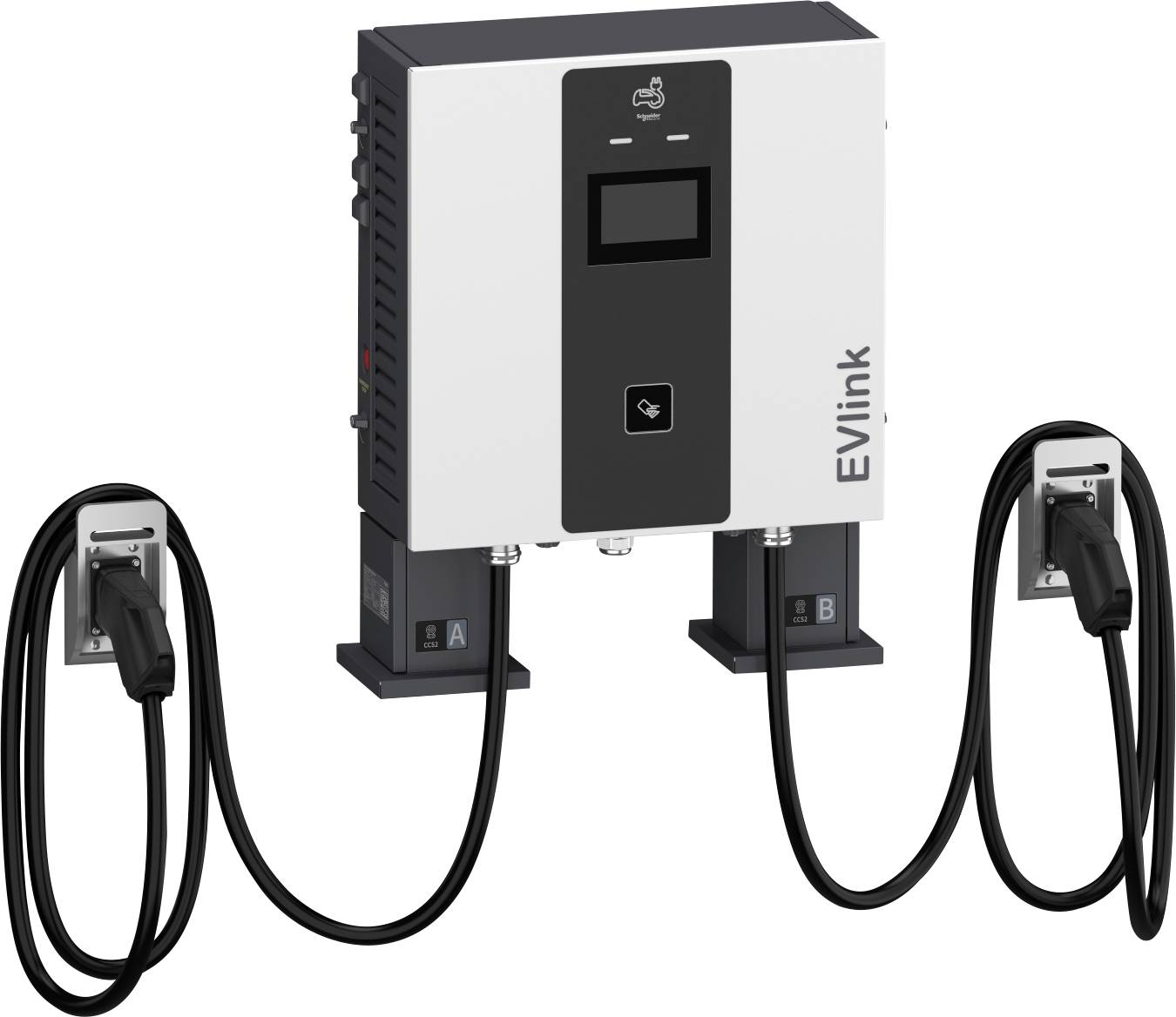 EVlink Elektrofahrzeug-Ladeeinheit mit zwei angesteckten Ladekabeln an wandmontierten Stationen