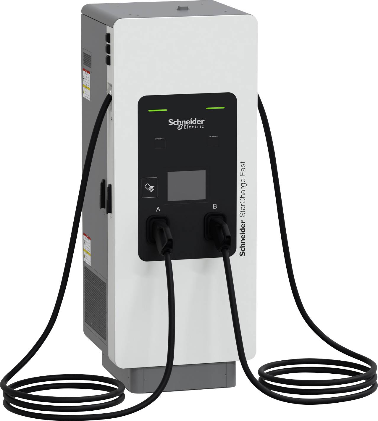 Schneider Electric Dual-Kabel-Ladegerät für Elektrofahrzeuge mit zwei eingesteckten Ladesteckern.