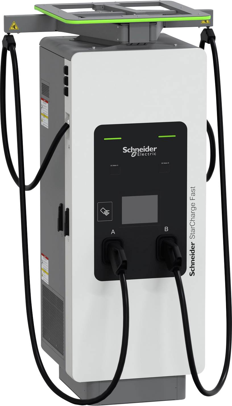 Schneider Electric Schnellladegerät für Elektrofahrzeuge mit zwei angeschlossenen Ladekabeln und einem zentralen Anzeigefeld.