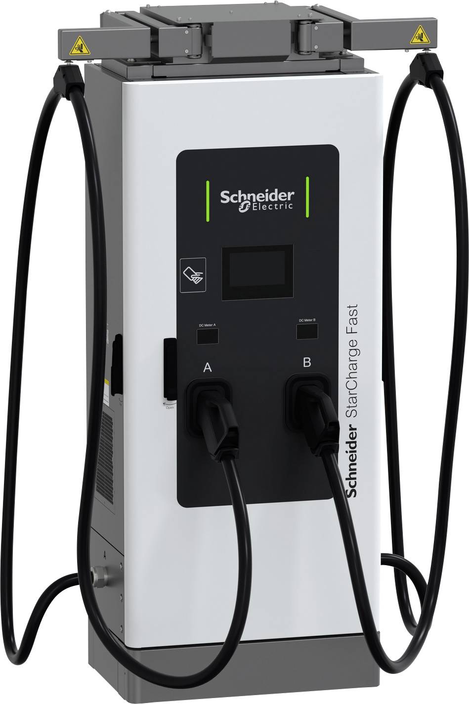 Schneider Electric Gleichstromschnelllader mit zwei angesteckten Ladekabeln und Display, dargestellt als eigenständige Ladestation.