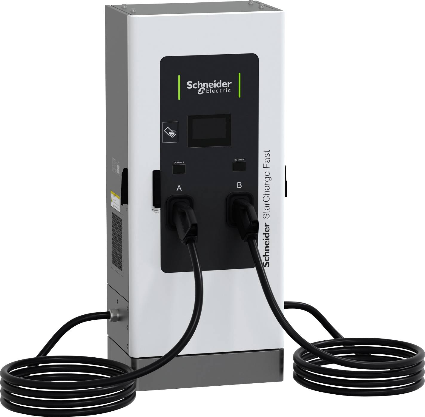 Schneider Electric Schnelllader mit zwei angesteckten Ladekabeln, dargestellt als eigenständige weiß-schwarze Ladestation für Elektrofahrzeuge.