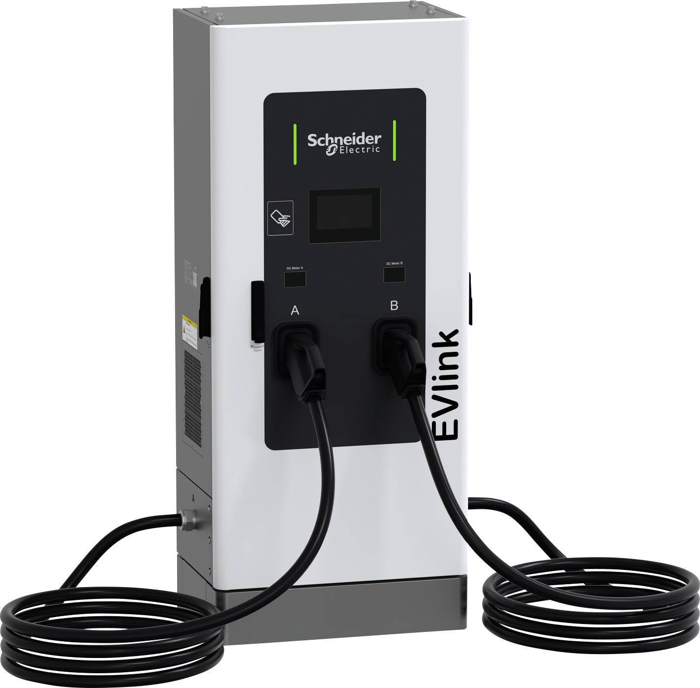 Schneider Electric EVlink Ladestation für Elektrofahrzeuge mit zwei angesteckten Ladekabeln.