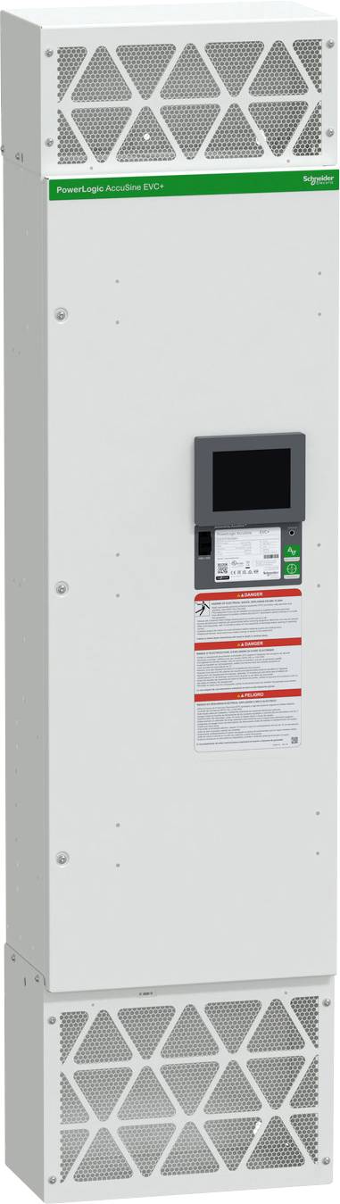 Vorderansicht eines hohen weißen Schneider Electric-Gerätegehäuses mit Lüftungsgittern und einem kleinen Display-/Bedienfeld an der Vorderseite.