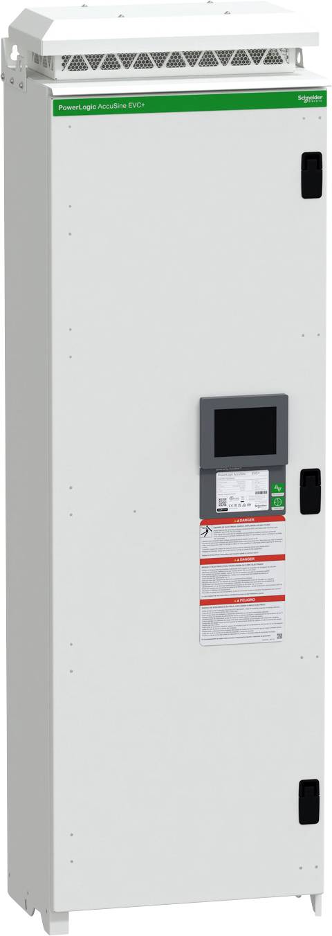 Hoher weißer elektrischer Schaltschrank mit kleinem Touchscreen-Display und Warnaufklebern auf der Vorderseite, gezeigt geschlossen auf Rollen.