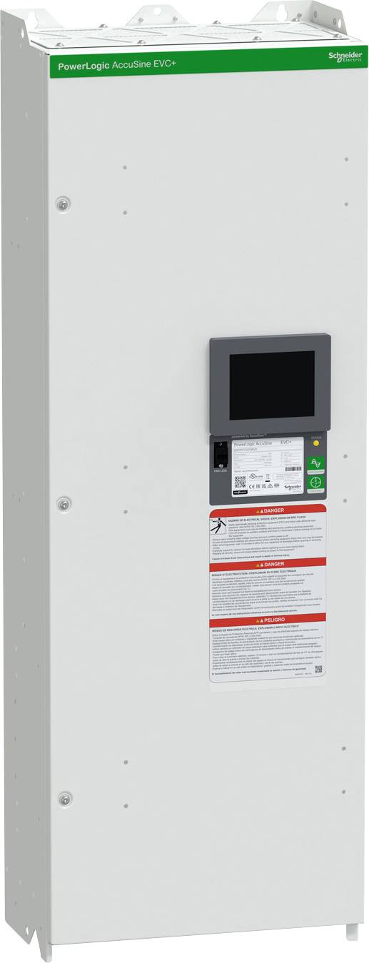 Weißer Schneider Electric PowerLogic-Schaltschrankkasten mit digitalem Display und Warnschild, Frontansicht.