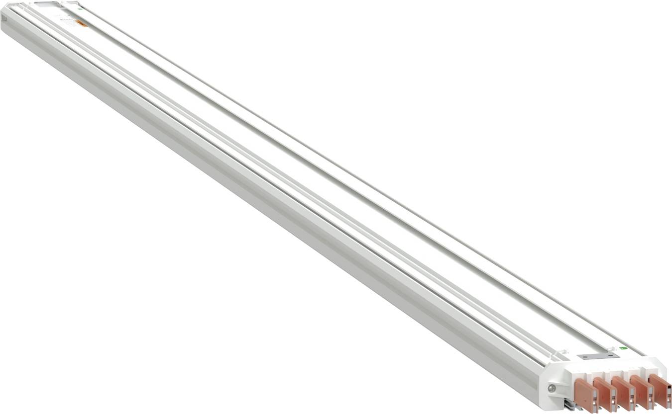 Lange weiße LED-Leuchte mit mehreren orangefarbenen Anschlussenden, diagonal auf einem einfarbigen Hintergrund dargestellt.