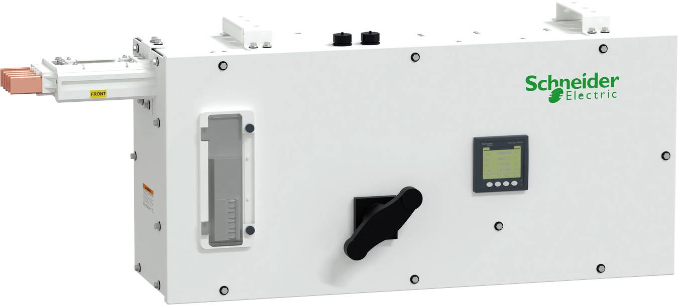 Schneider Electric Industrie-Elektroschalter mit Frontsteuergriff, Sichtfenster und kleinem Anzeigefeld auf einem weißen Schaltschrank.