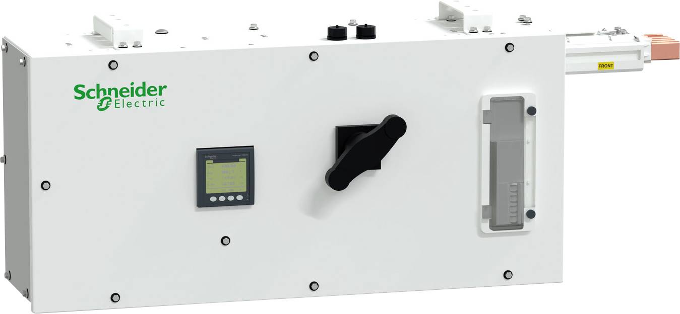 Schneider Electric Industrie-Elektrosteuerschrank mit kleinem Display, schwarzem Drehgriff und Inspektionsfenster.