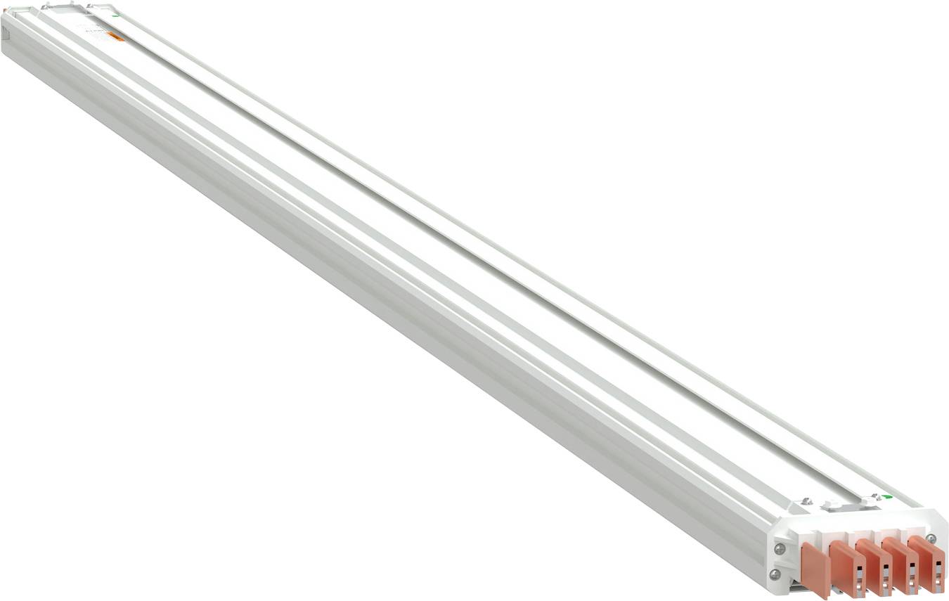 Lange Leuchtstoffleuchte mit vier orange-gekennzeichneten Röhren in einem weißen Metallgehäuse, diagonal auf einfachem Hintergrund dargestellt.