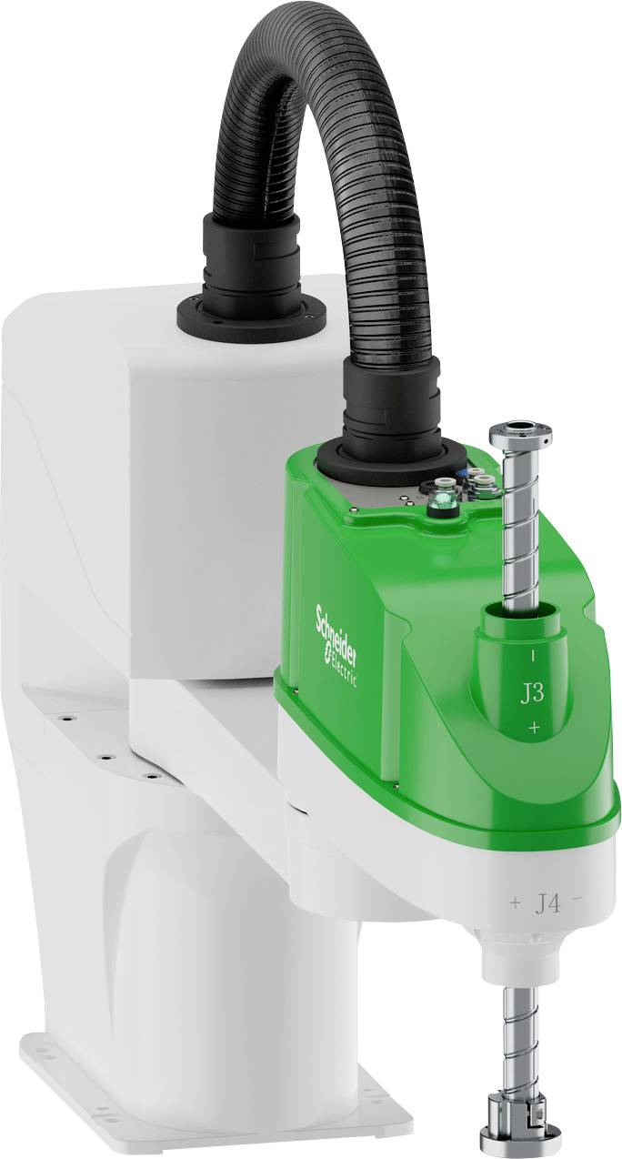 Industrielle Vakuumpumpenanlage mit einer grünen Motor-/Steuereinheit und einem schwarzen Schlauch, die auf einer weißen Basis montiert sind, in der Seitenansicht dargestellt.