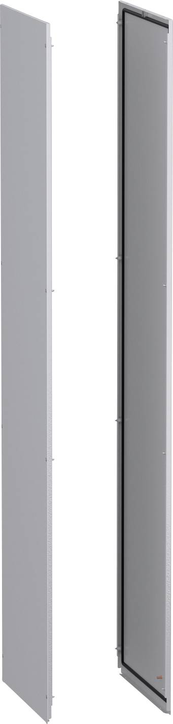 Zwei hohe graue Schranktüren oder Zugangsblenden sind geöffnet und zeigen eine dünne Seitenansicht und ein angeschlagenes Frontpanel.
