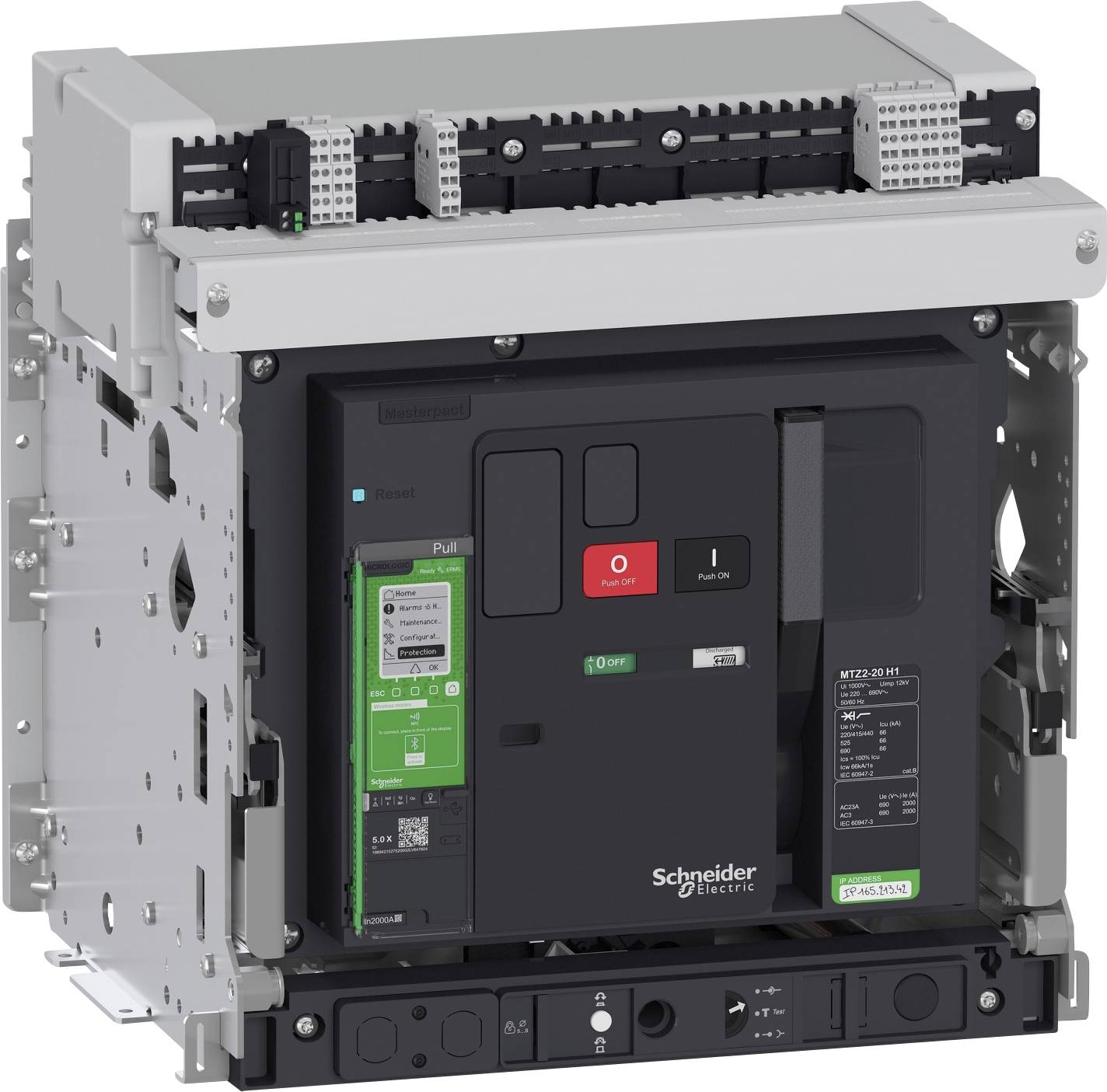 Industrielle Schneider Electric Leistungsschalter-Baugruppe mit rotem „Push to trip