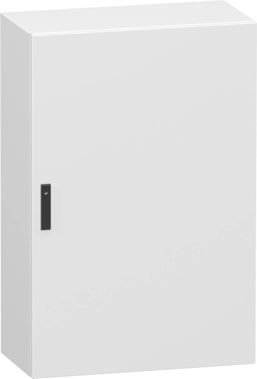 Weißer wandmontierter Elektroschrankkasten mit einem einzelnen dunklen Griff auf der linken Seite, geschlossen gegen einen einfachen Hintergrund gezeigt.