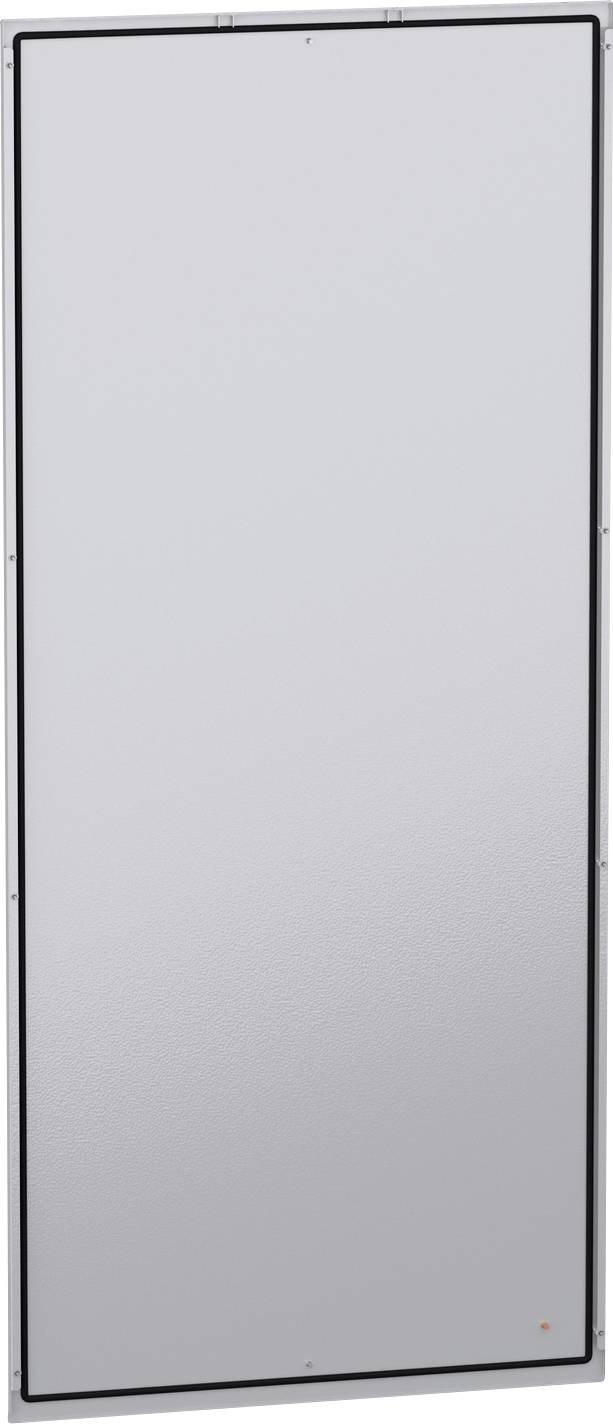 Ein einfaches silbernes rechteckiges Gerätepanel oder eine Tür mit schwarzem Rand, aufrecht vor weißem Hintergrund dargestellt.