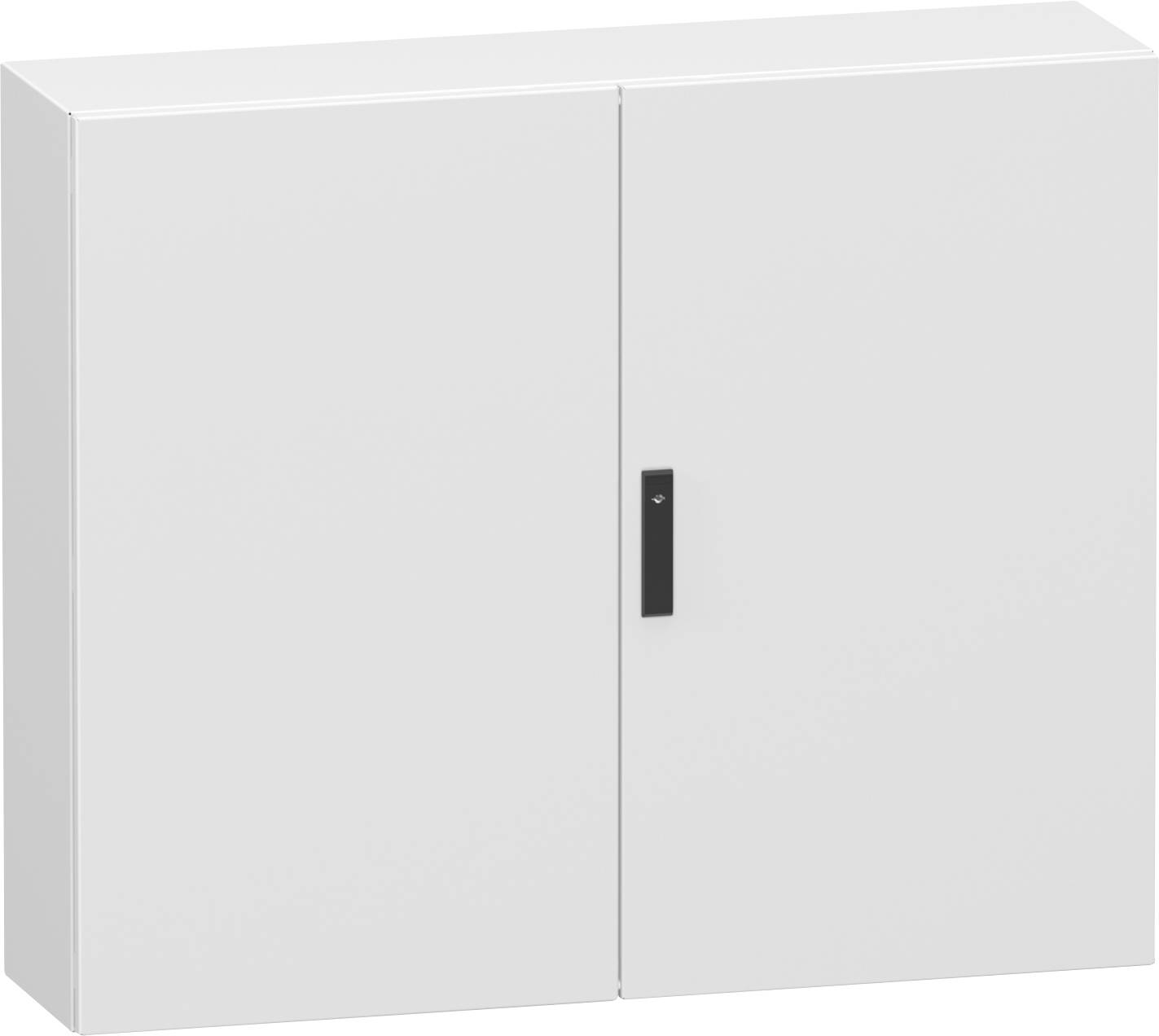 Weißer an der Wand montierter Schrank mit zwei Türen und schwarzem vertikalem Griff an der rechten Tür