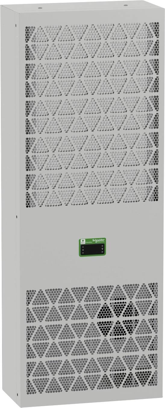 Grauer Schneider Electric Industrie-Schrank mit belüfteten Frontplatten und kleinem zentralem Logo auf einfachem Hintergrund.