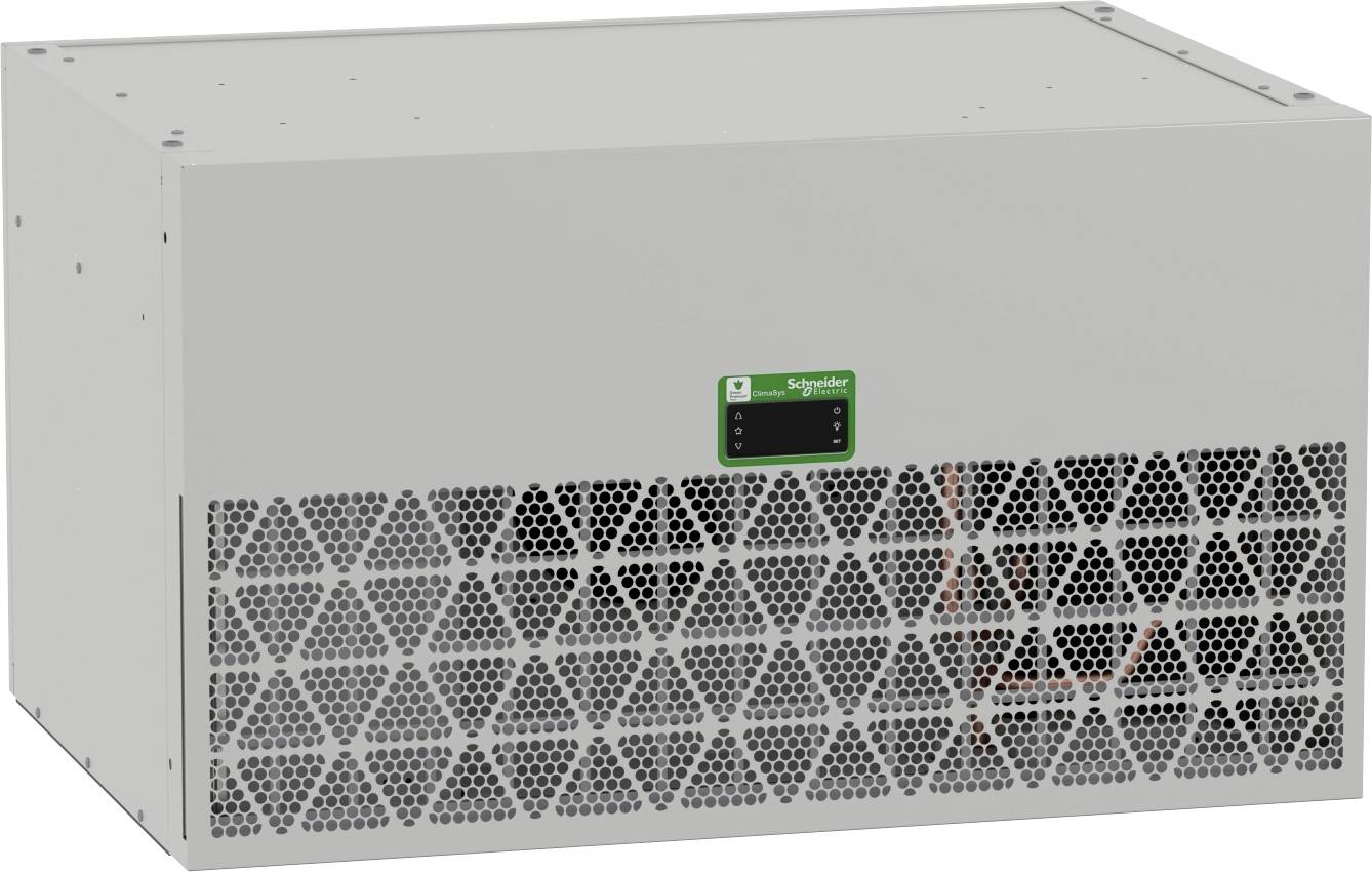 Großer grauer industrieller Elektroschalter mit perforiertem Frontgitter und kleinem grünem Schneider Electric-Etikett.