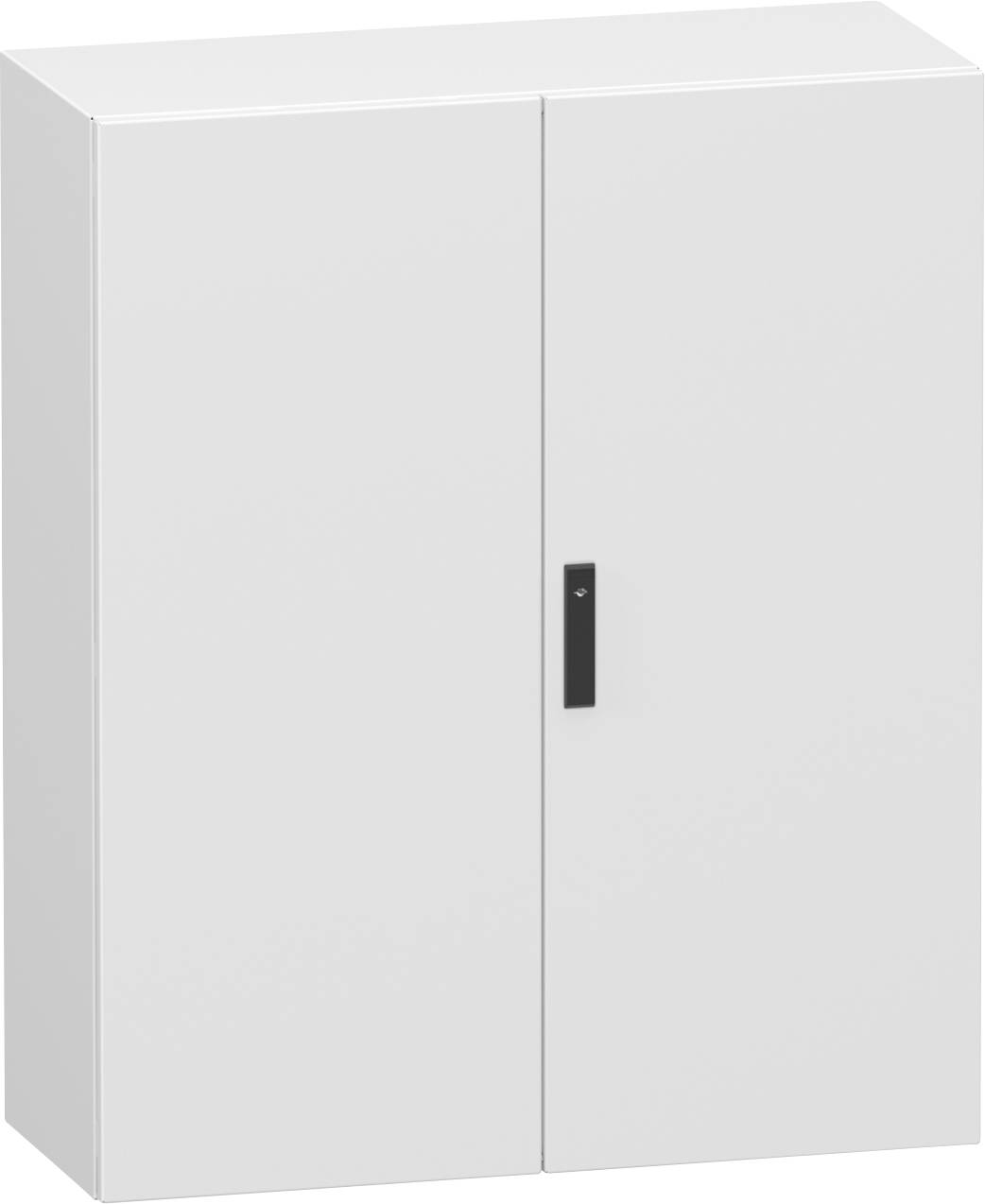 Weißer zweitüriger Lagerschrank mit einem einzelnen schwarzen vertikalen Griff, frontal vor einem einfachen Hintergrund gezeigt.