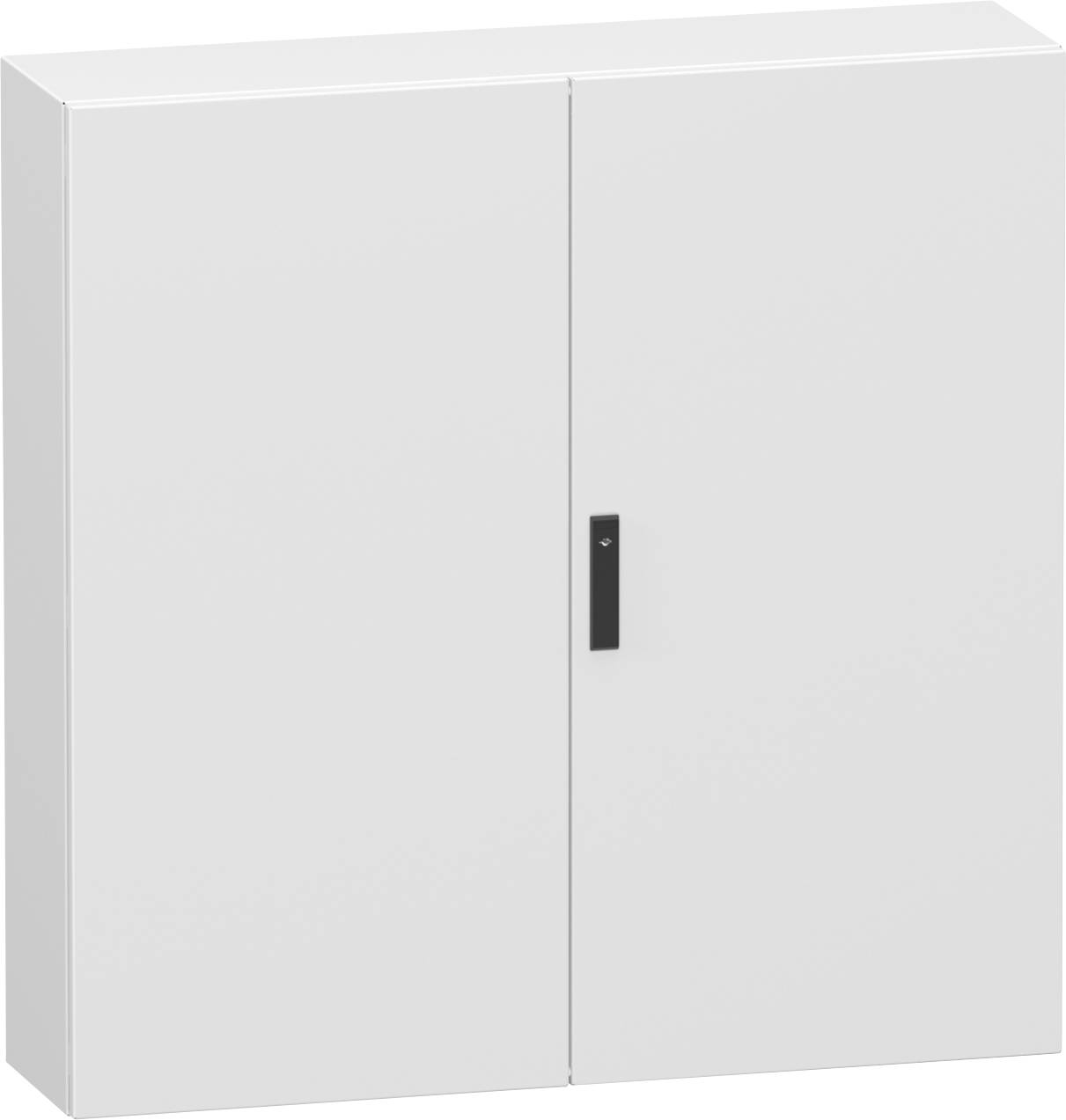 Weißer zweitüriger Wandschrank mit zentralem schwarzem Griff, geschlossen vor neutralem Hintergrund abgebildet.