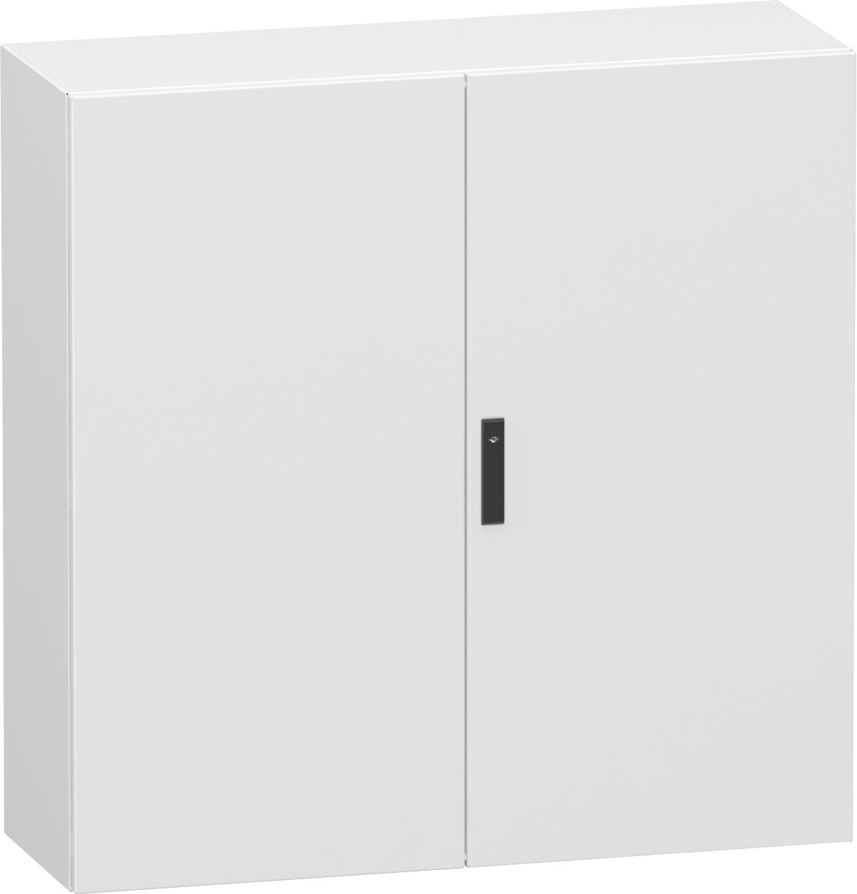 Weißer zweitüriger Lagerschrank mit vertikalem schwarzem Griff, geschlossen vor einfachem Hintergrund dargestellt.