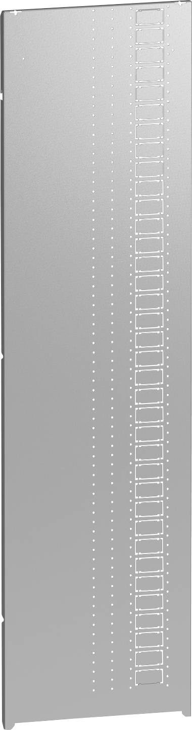 Blankes Silbermetallpaneel mit einer vertikalen Reihe von rechteckigen Ausschnitten und kleinen runden Löchern, wahrscheinlich eine Belüftungs- oder Montageabdeckung.