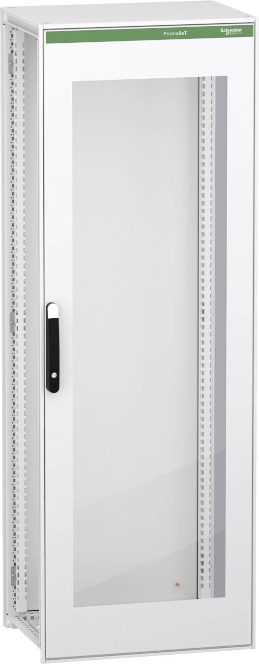 Hoher weißer Elektroverteilerschrank mit Glastür, schwarzem Griff und belüfteten Seitenschienen.