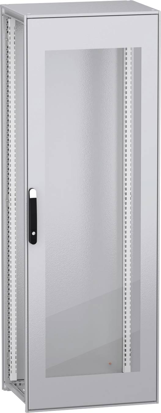 Grauer Metallserver-Rack-Schrank mit Glastür vorne, offenen Rahmenseiten und schwarzem vertikalem Griff.