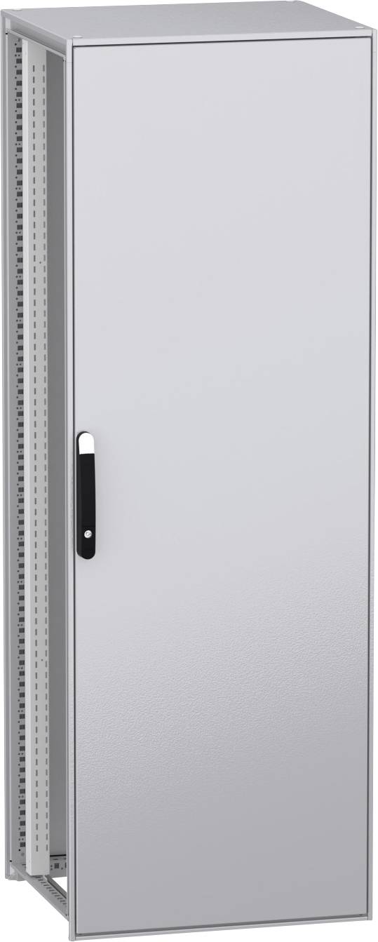 Großer grauer Metallserverschrank oder Netzwerk-Rack mit einer Vordertür, leicht geöffnet, wobei die Montageschienen im Inneren sichtbar sind.