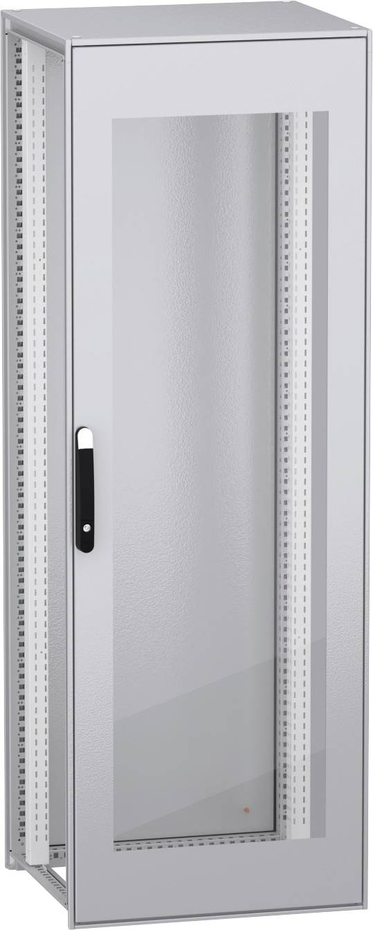 Ein graues Metall-Elektroverteilerschrank mit einer Vordertür, seitlichen Lüftungspaneelen und einem schmalen Fenster, geschlossen in einer Studioansicht dargestellt.