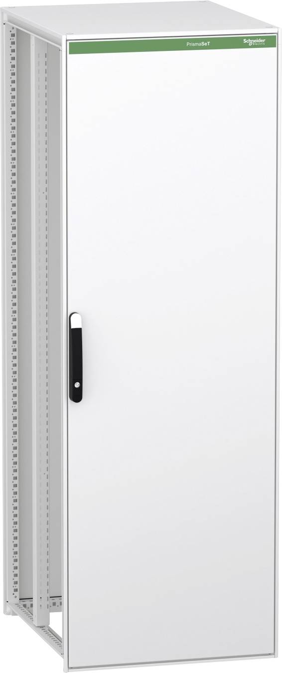 Hoher weißer Schaltschrank von Schneider Electric mit aufklappbarer Vordertür, teilweise offen gezeigt in einem grauen Metallrahmen.