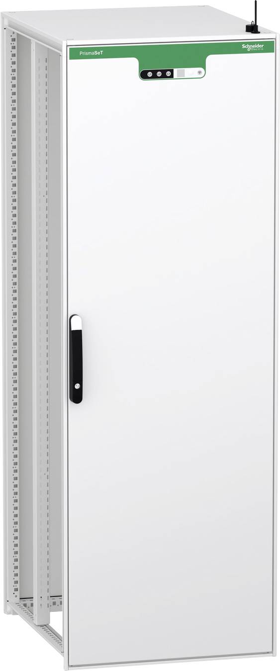 Weiß Schneider Electric Schrank mit Fronttür, Griff und Statusanzeige, teilweise geöffnet, um ein geschlossenes Geräterack zu zeigen.