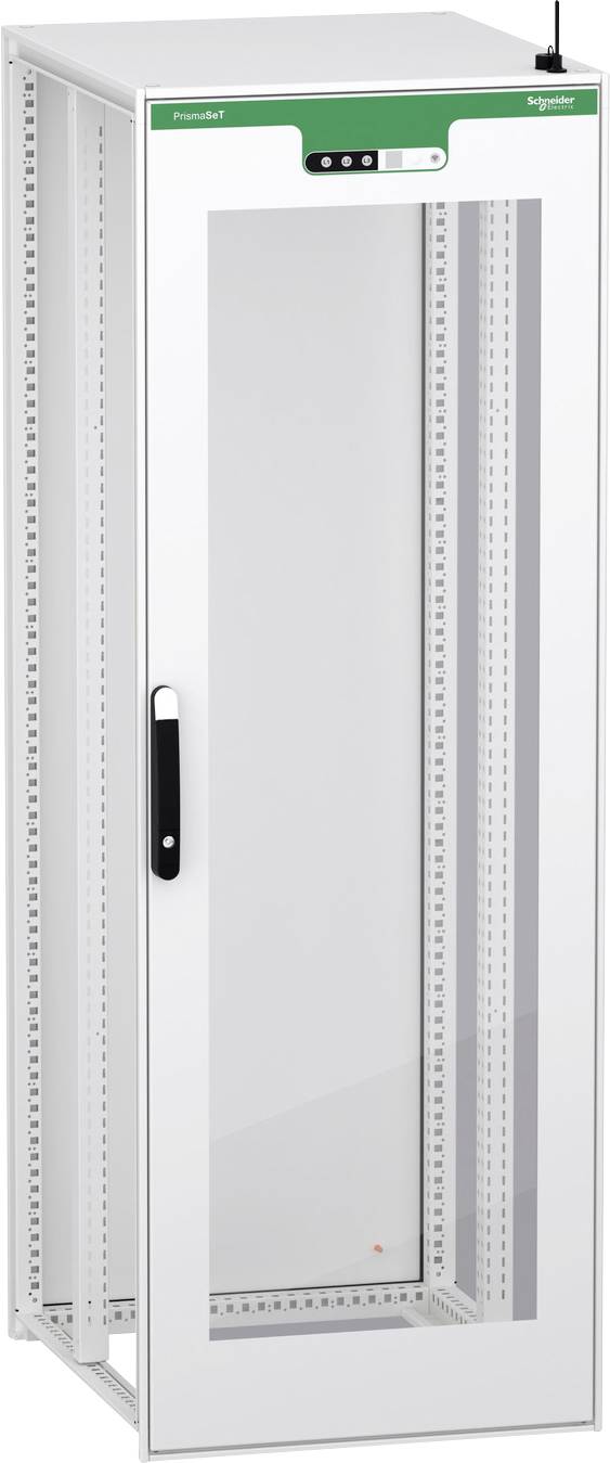 Frontansicht eines weißen Industrie-Steuerschranks oder einer Industrieanlage von Schneider Electric/Proface mit Glastür, Griff und Befestigungsschienen im Inneren.