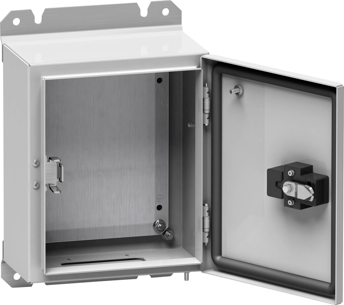Offene Edelstahl-Elektroschrank mit Schwingtür, zeigt leeres Inneres und Verriegelungshebel auf der Innenseite der Tür.
